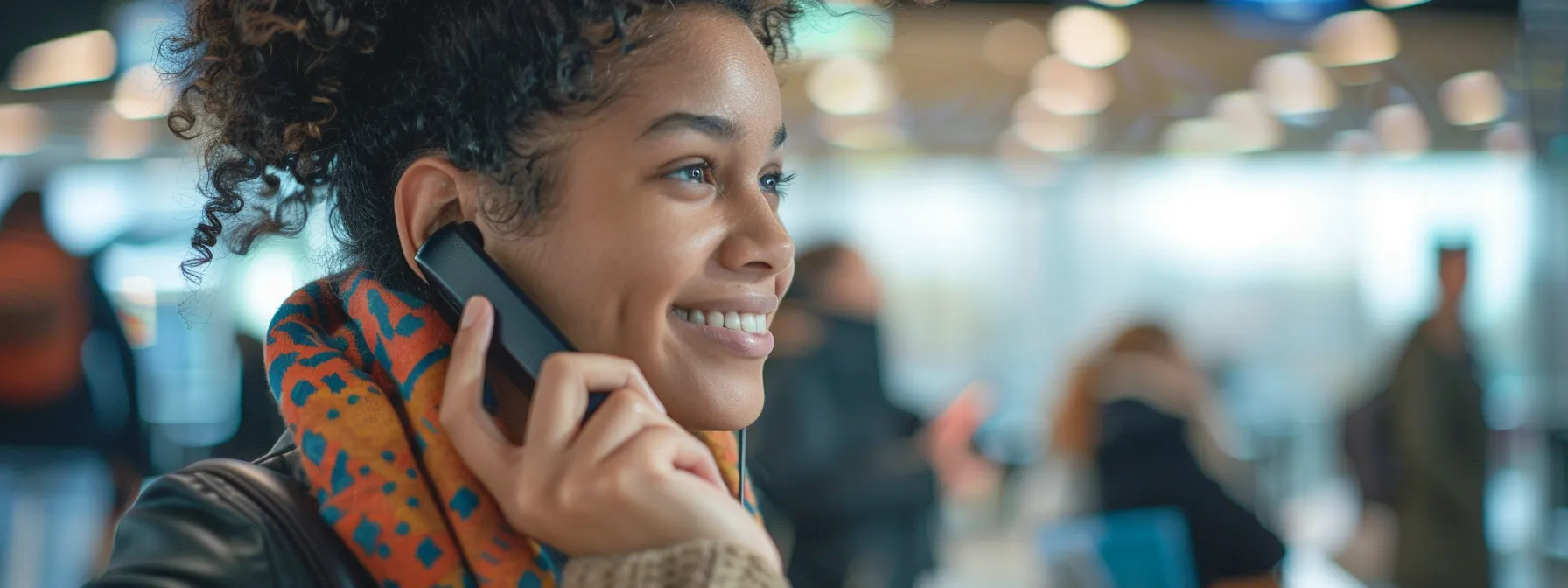 a traveler smiling and speaking on the phone with a customer service representative from travel insured international.