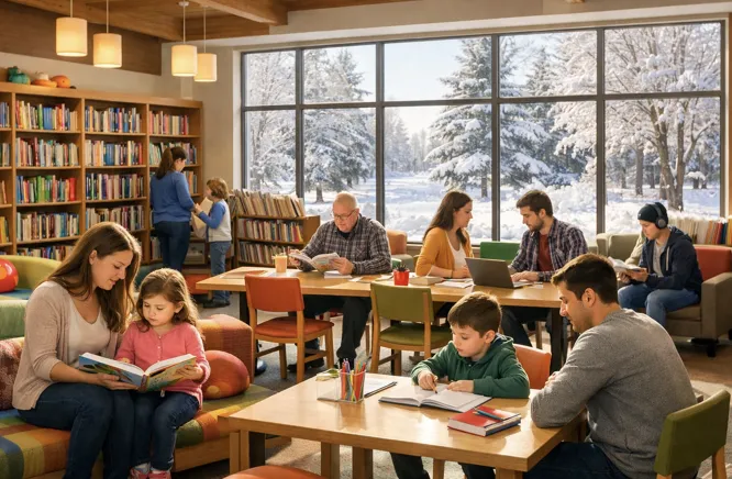 Prince William County library interior with families enjoying winter activities