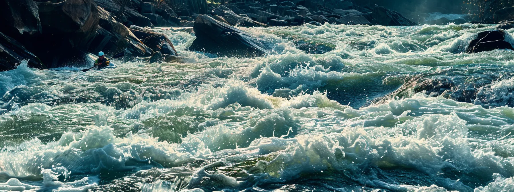 a solo rafter paddling through gentle class i or ii rapids on the ocoee river.