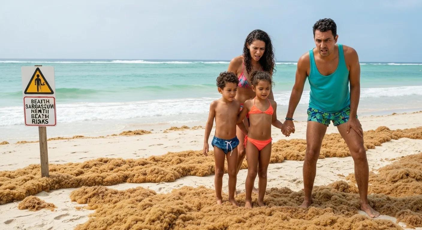 Family at Punta Cana beach encountering Sargassum mats, highlighting health risks Family at Punta Cana beach encountering Sargassum mats, highlighting health risks