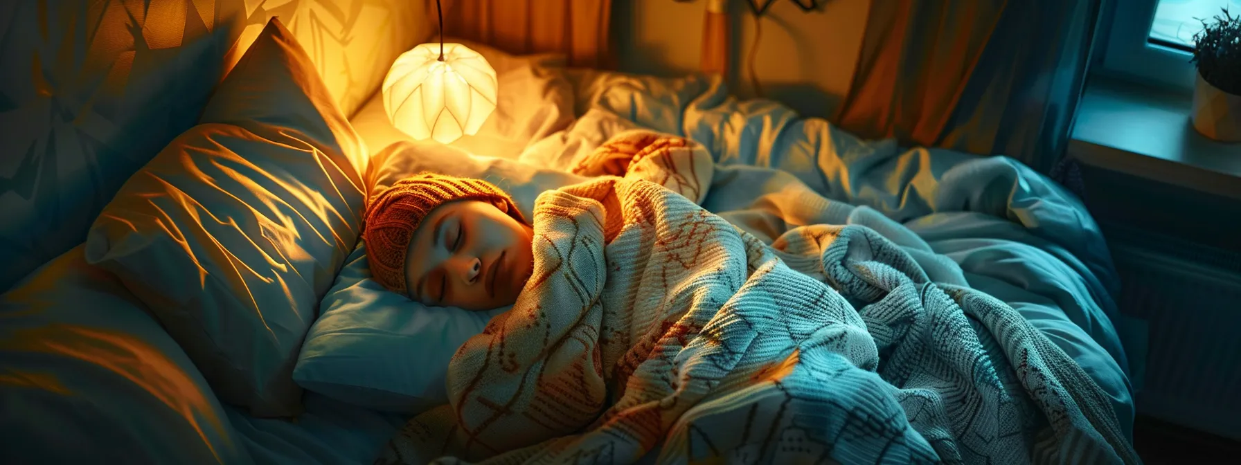 a person peacefully sleeping in a cozy bed, surrounded by soft pillows and a warm blanket.