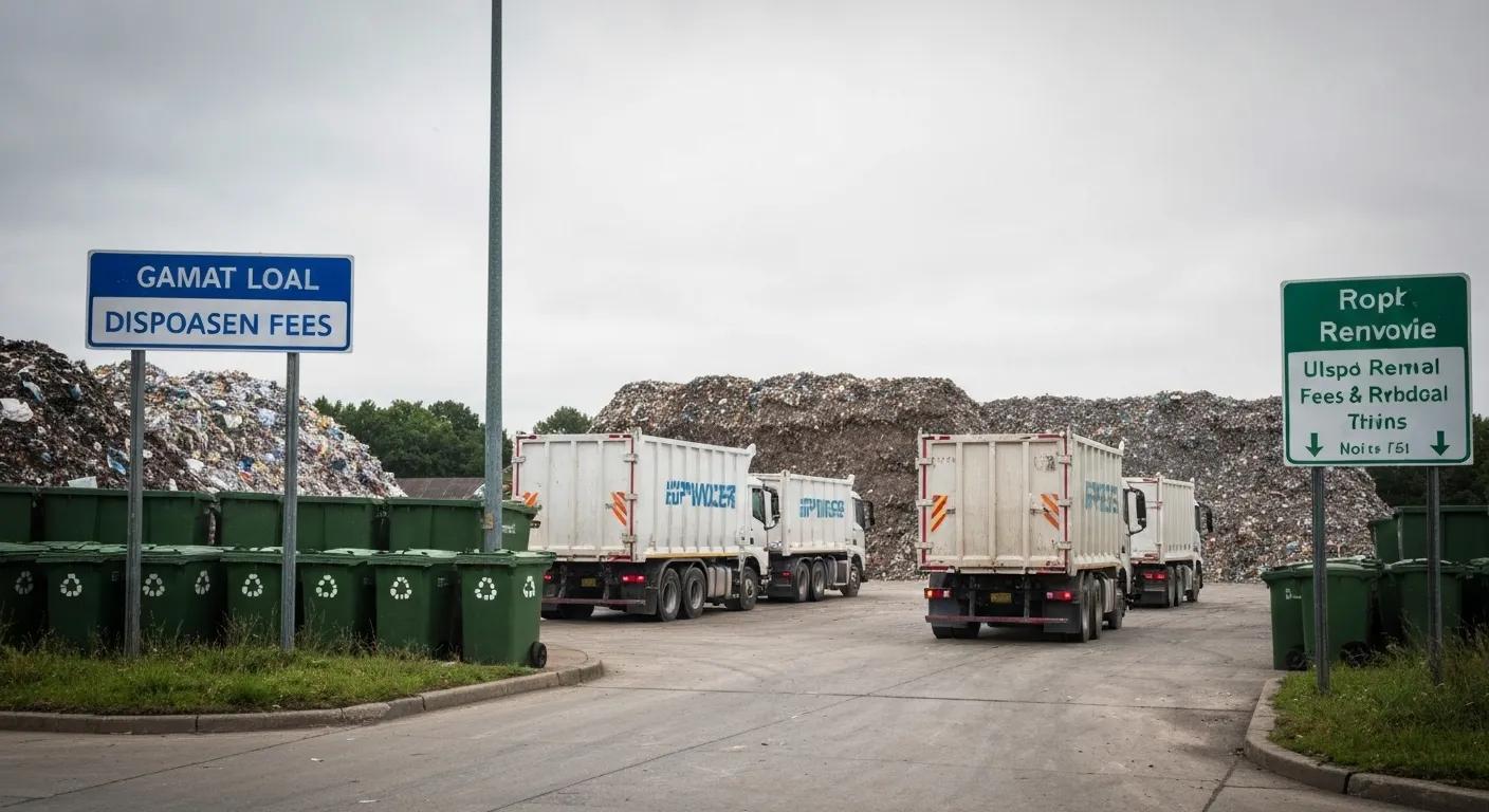 Landfill site with visible disposal fee signage and waste piles Landfill site with visible disposal fee signage and waste piles