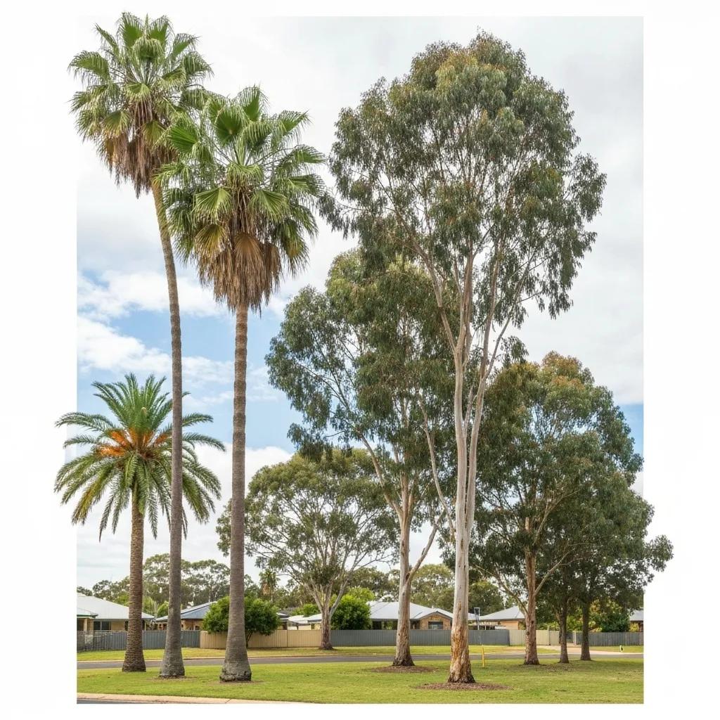 Illustration of palm and eucalyptus trees in Camira, highlighting tree types relevant to removal costs