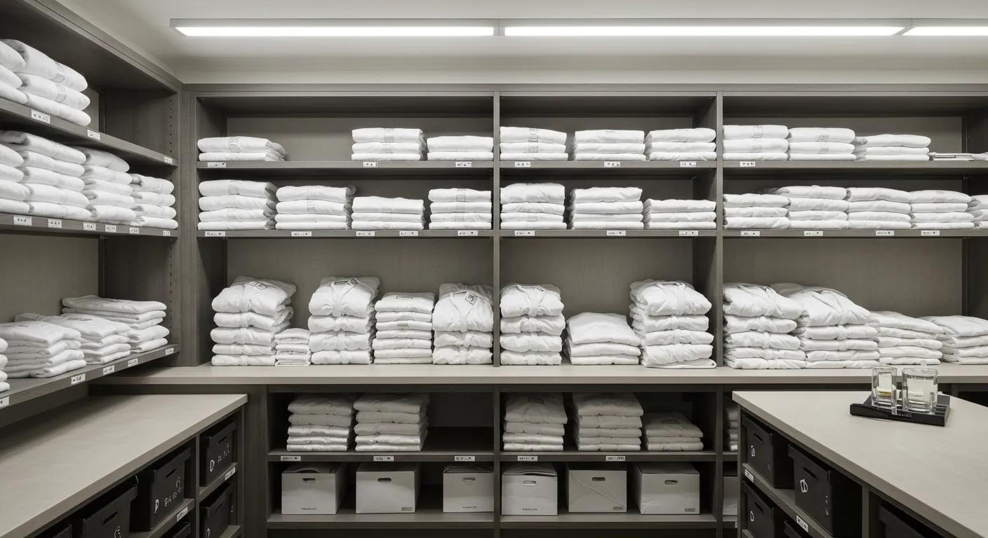 a modern hotel supply room showcases neatly arranged stacks of pristine white bath towels, plush bathrobes, and crisp hotel bed sheets under bright, efficient overhead lighting, highlighting the meticulous organization essential for a seamless hospitality operation. a modern hotel supply room showcases neatly arranged stacks of pristine white bath towels, plush bathrobes, and crisp hotel bed sheets under bright, efficient overhead lighting, highlighting the meticulous organization essential for a seamless hospitality operation.