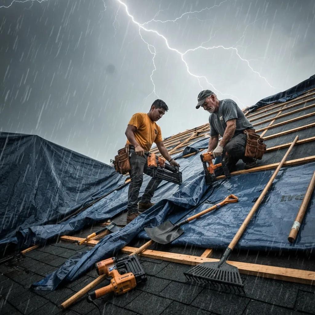 Roofing team performing emergency repairs on a storm-damaged roof, illustrating the urgency of roof repair services Roofing team performing emergency repairs on a storm-damaged roof, illustrating the urgency of roof repair services