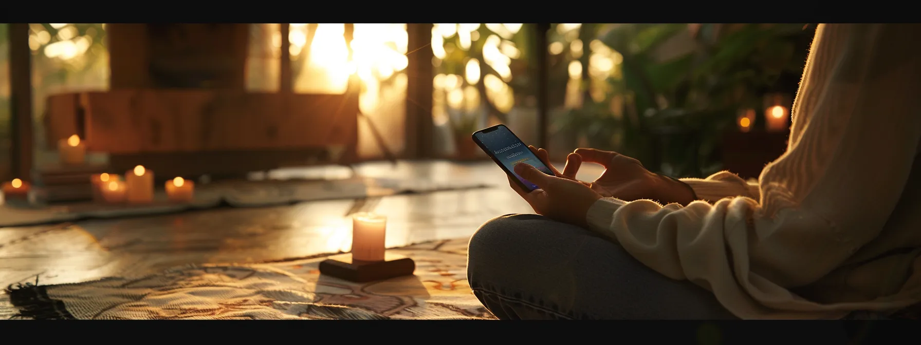 a person using a mindfulness meditation app on their phone in a peaceful setting.