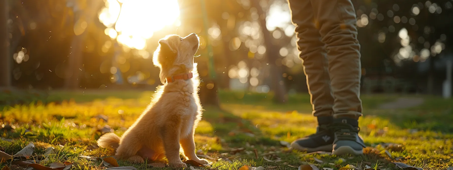 a person and a playful puppy exploring a park together.