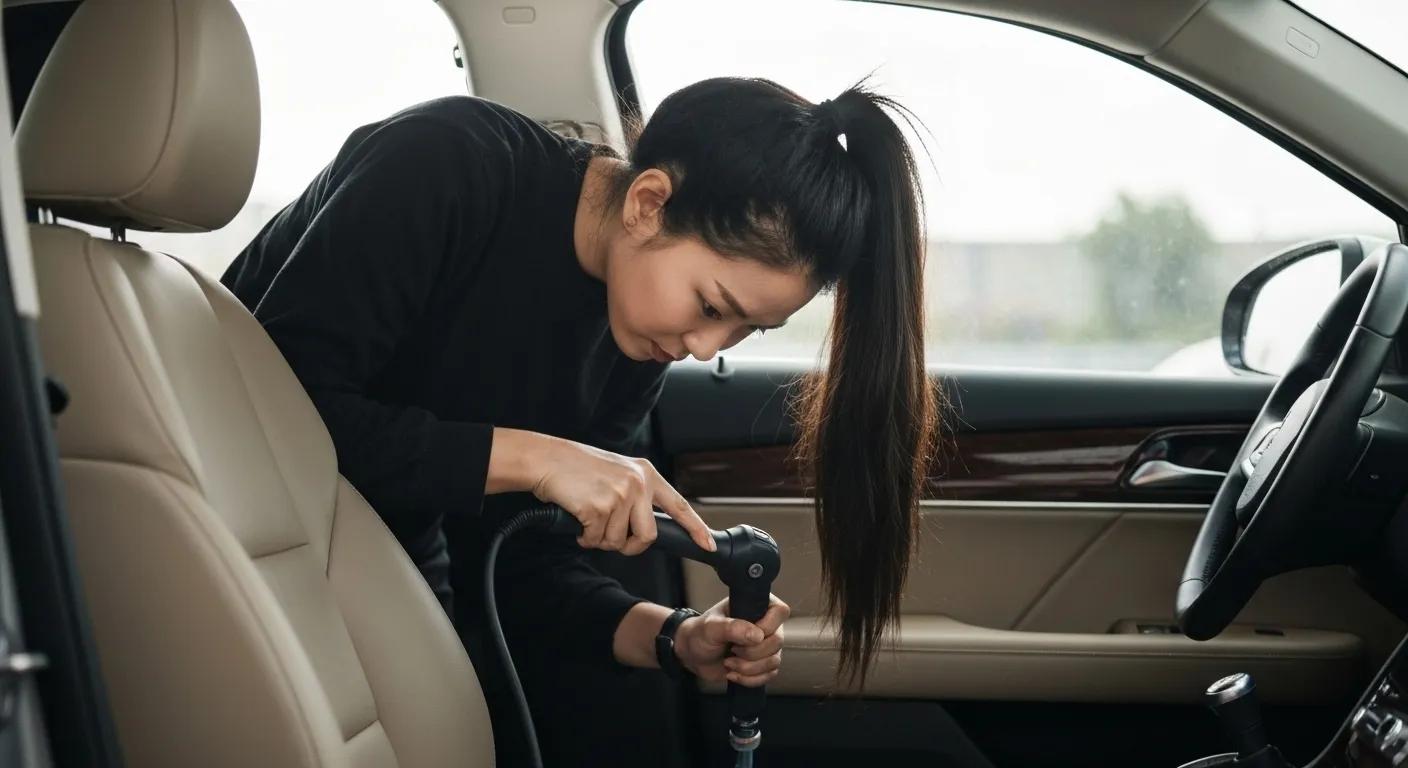 Technician cleaning leather seats during an interior car detailing service