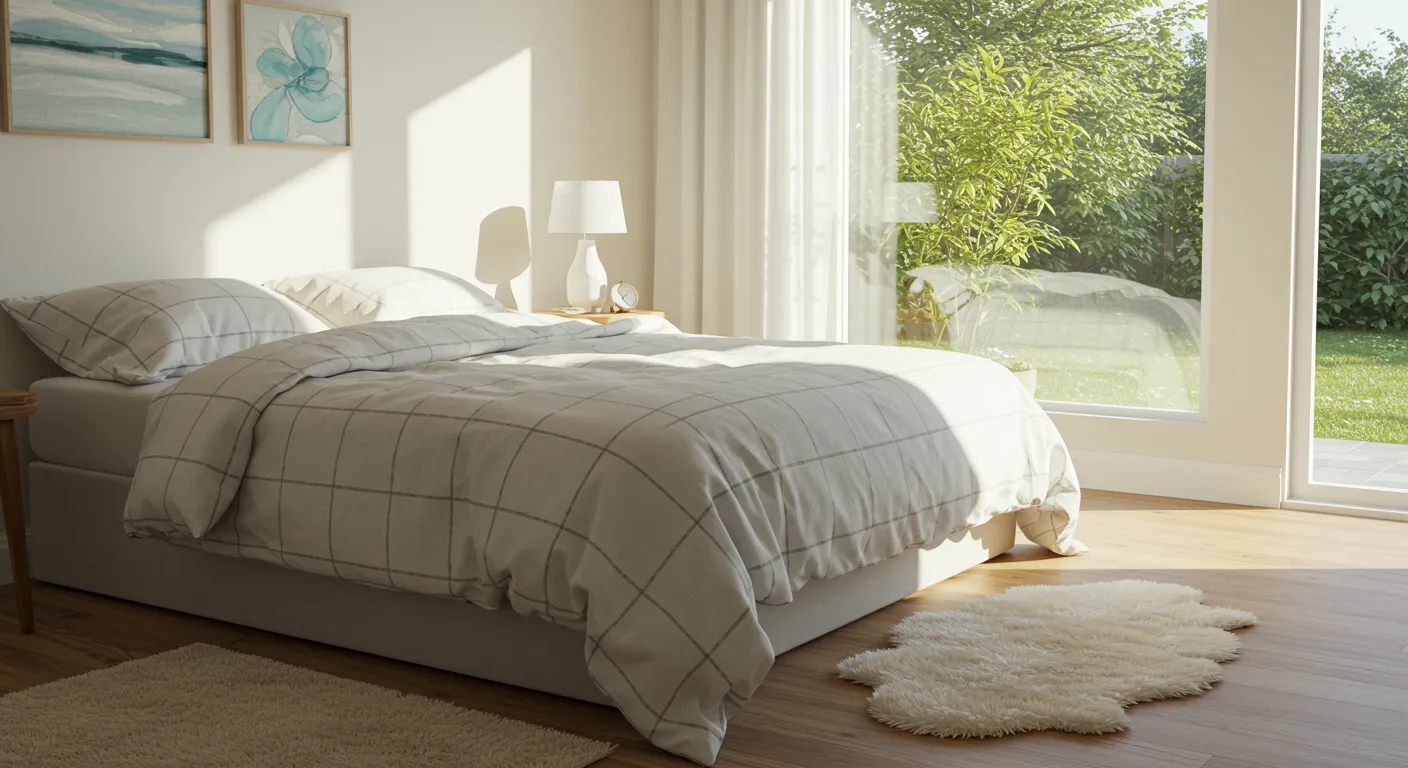 Bright bedroom with sunlit bed and cozy neutral decor Bright bedroom with sunlit bed and cozy neutral decor