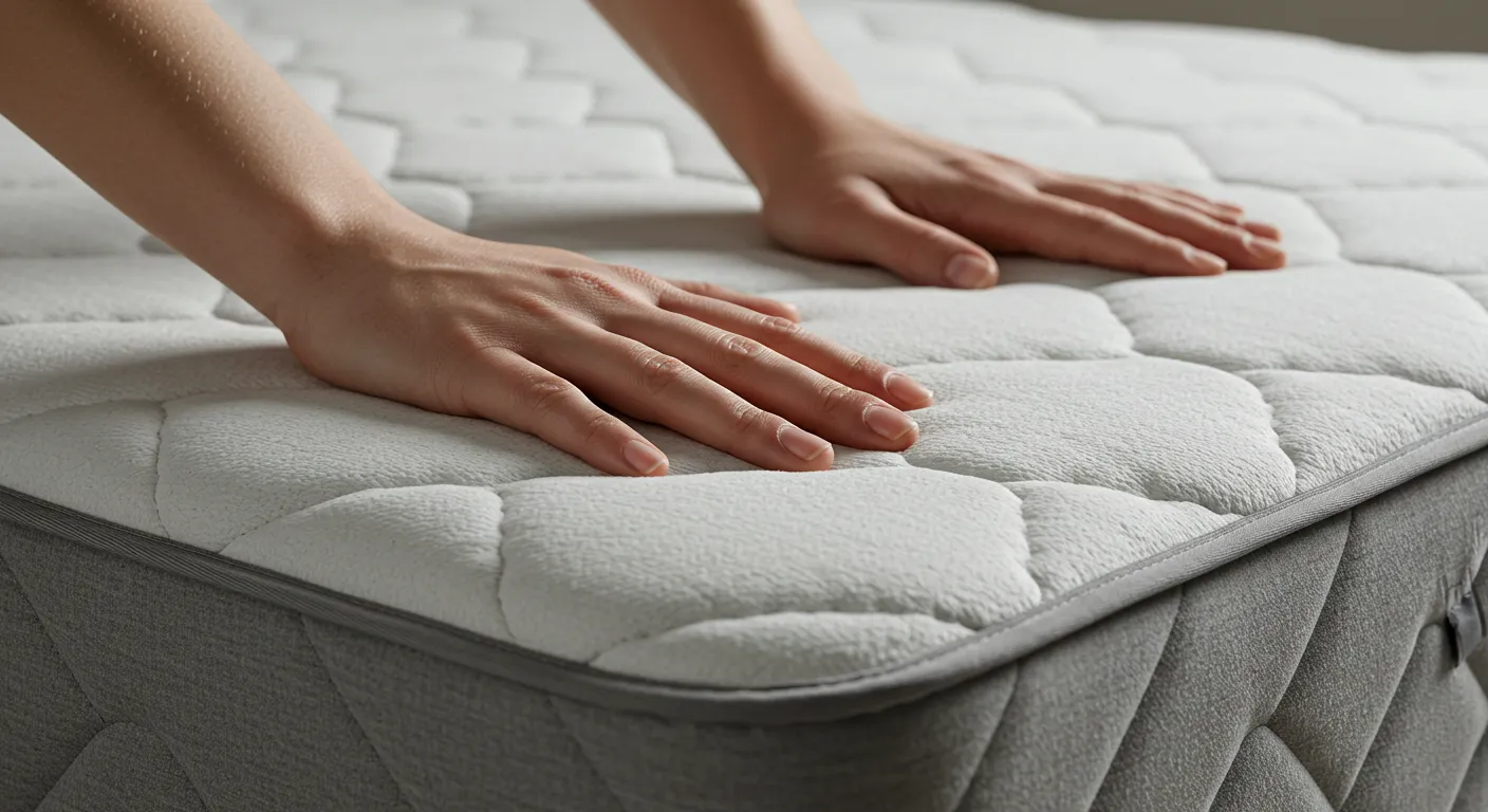 Close-up of hands pressing into a soft quilted mattress surface Close-up of hands pressing into a soft quilted mattress surface
