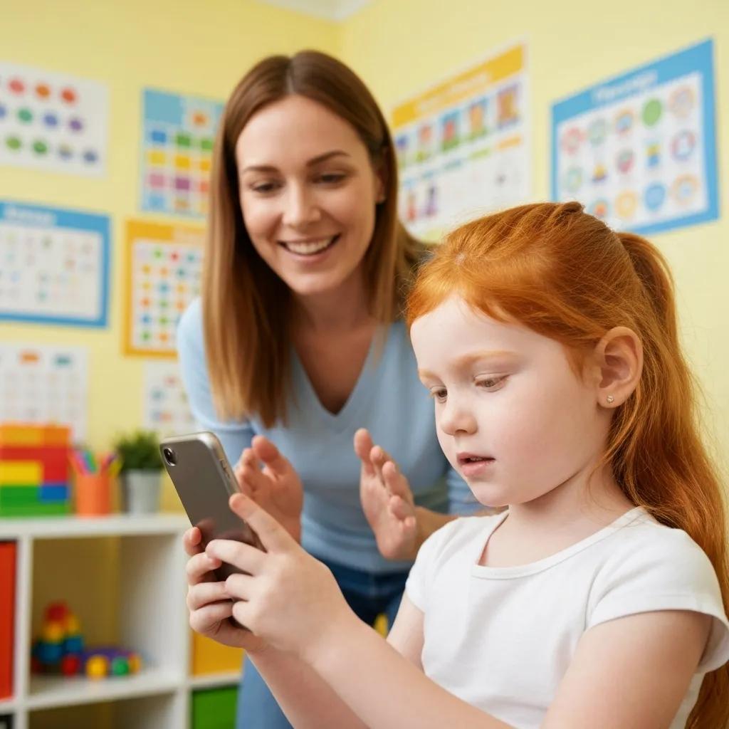 Child enthusiastically using a communication device during an ABA therapy session