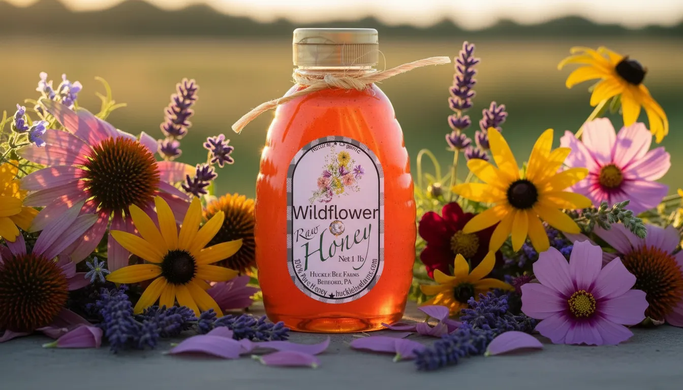 Jar of Huckle Bee Farms raw wildflower honey surrounded by seasonal wildflowers — rich golden color and handcrafted jar