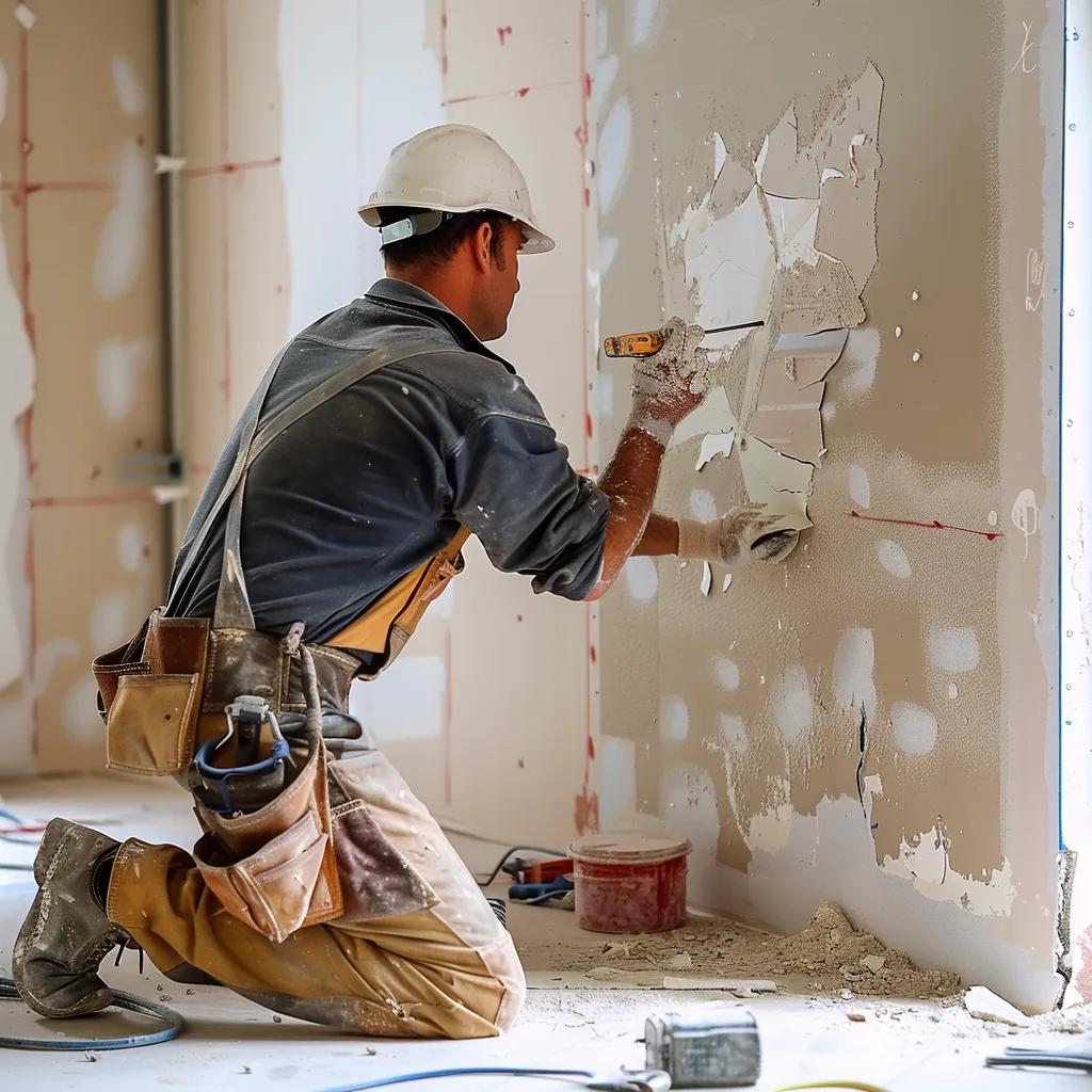 Emergency drywall repair contractor working on a damaged wall in a Toronto home