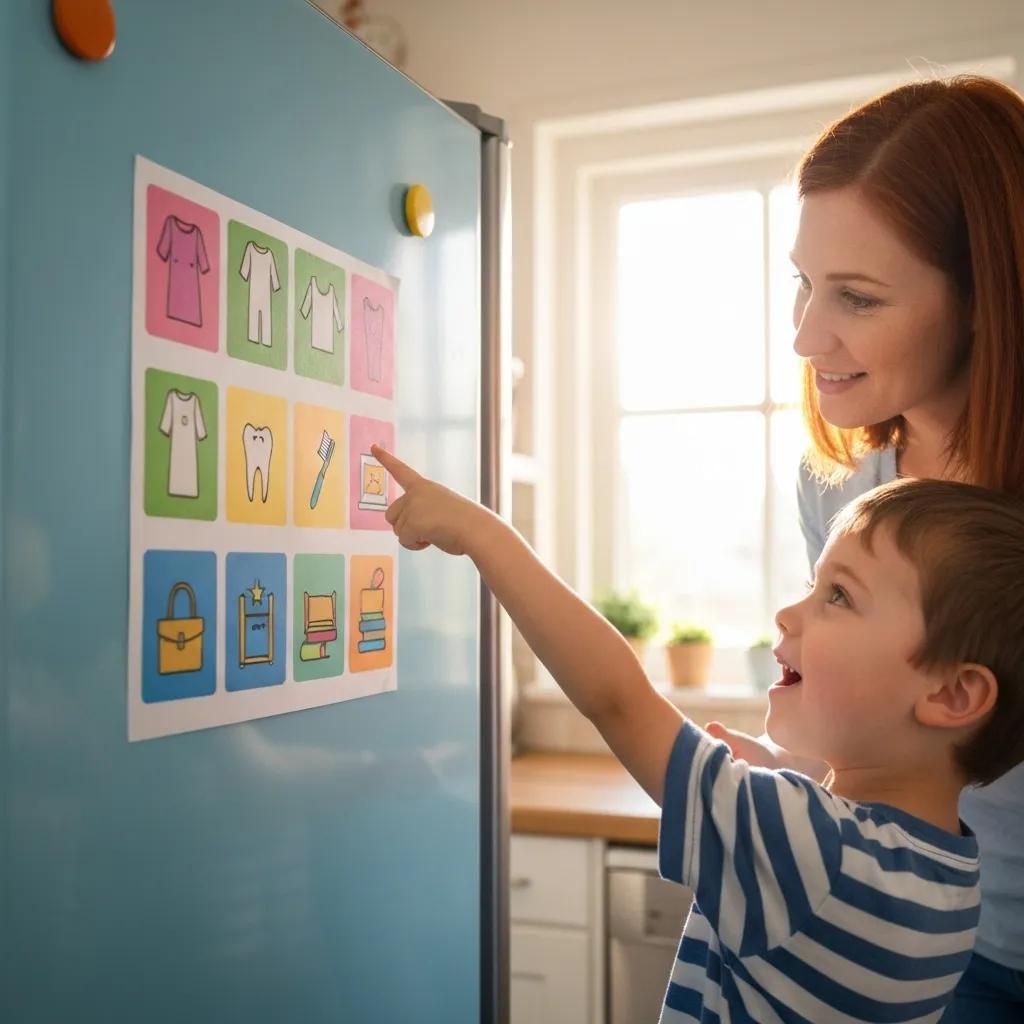 A child using a visual schedule on the refrigerator, illustrating how visual supports aid in task analysis at home.