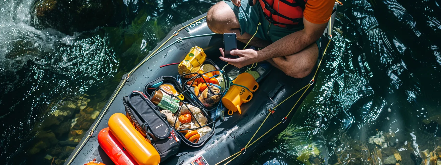 a person packing essential items like a phone case and snacks for a rafting trip on the middle ocoee river.