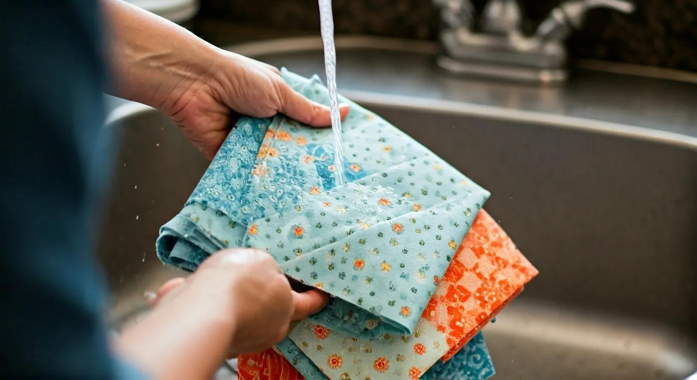 Person washing colorful quilting fabric panels in a sink to prevent shrinkage and color bleeding