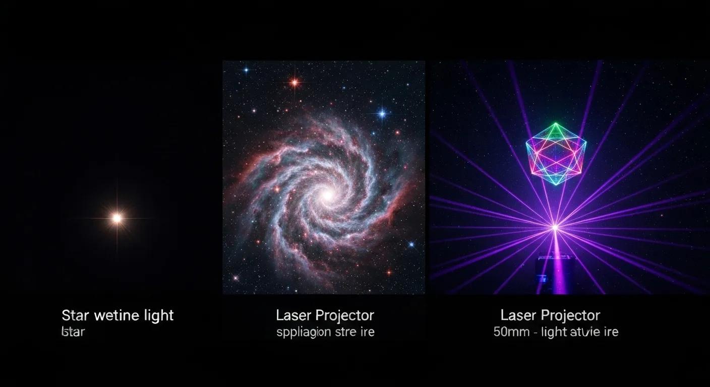 Visual comparison of star, nebula, and laser projectors showcasing their distinct light patterns