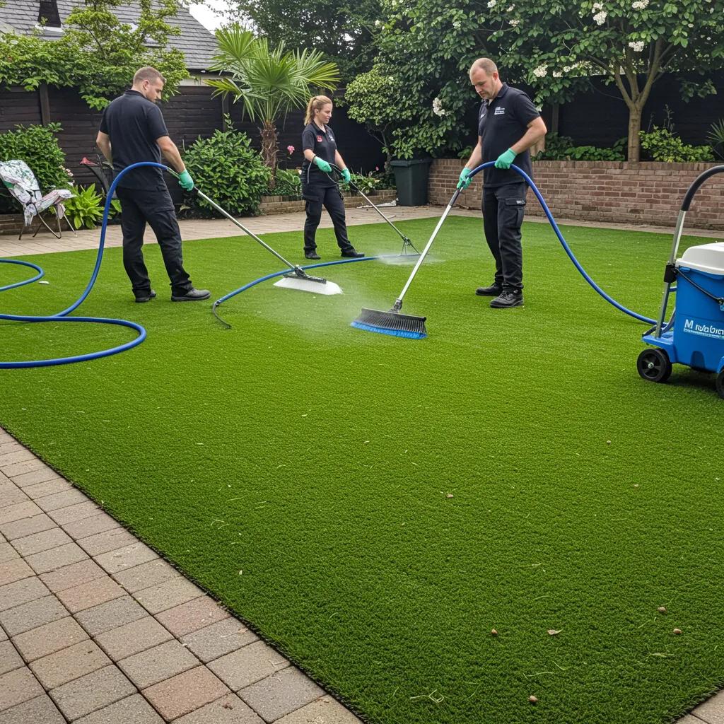 Professional cleaning service using specialized equipment to clean artificial turf in a backyard Professional cleaning service using specialized equipment to clean artificial turf in a backyard