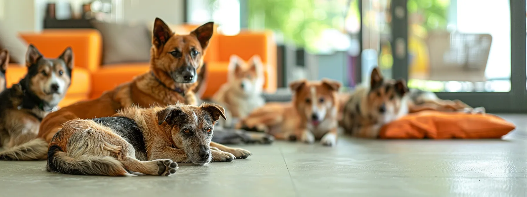 a group of dogs lounging comfortably in a spacious indoor area under the watchful eye of a caregiver.