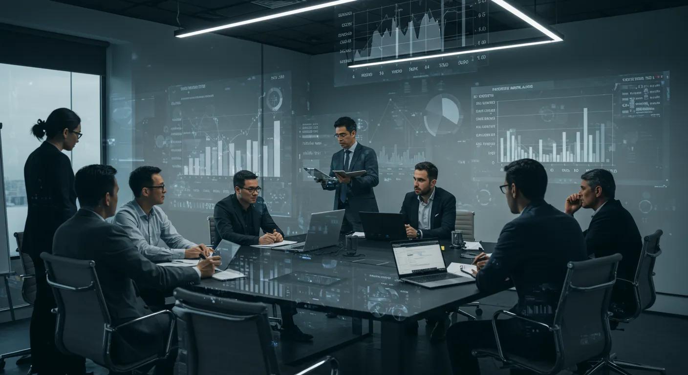 a sleek, modern office conference room filled with professionals engaged in a dynamic discussion, surrounded by digital projections of cost analysis charts comparing sheet metal fabrication expenses locally and abroad.