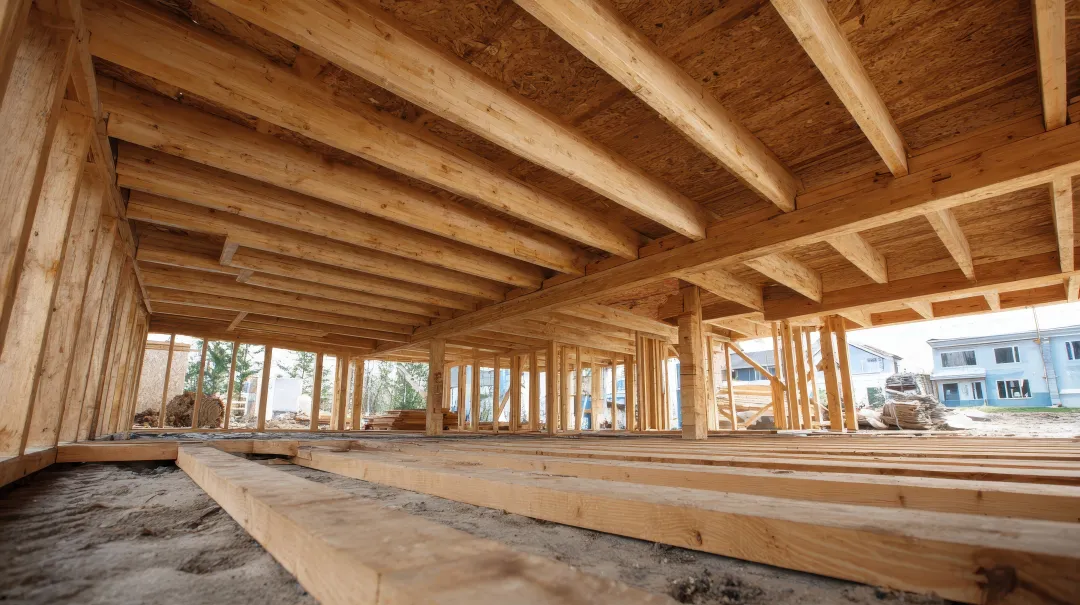 Technician inspecting floor joists in a crawl space Technician inspecting floor joists in a crawl space