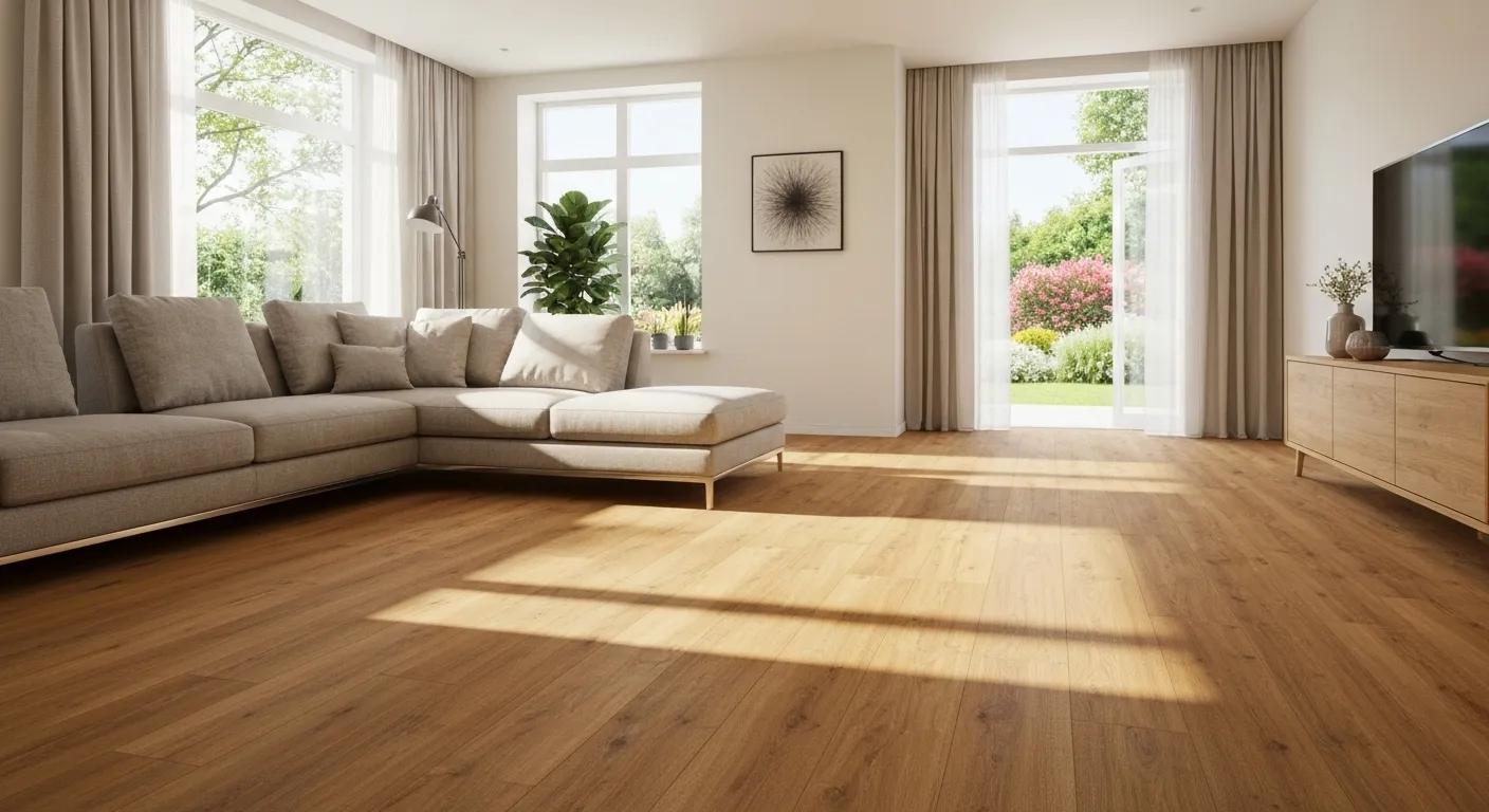 Inviting living room with warm, energy-efficient flooring options on display