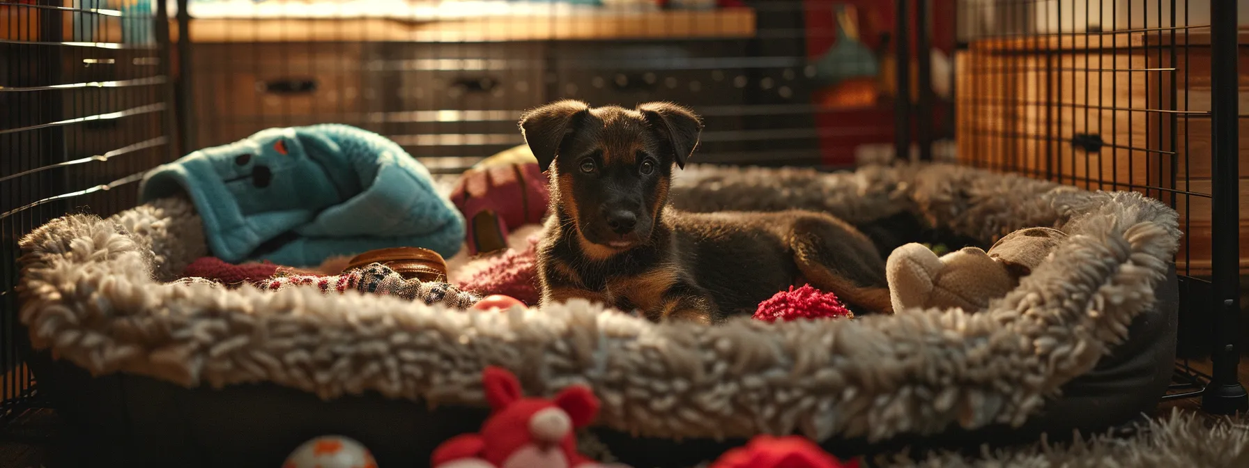 a cozy dog bed with familiar toys and blankets inside a kennel.