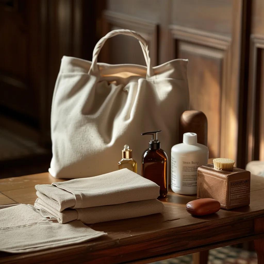Luxury tote care products arranged with a tote bag in the background