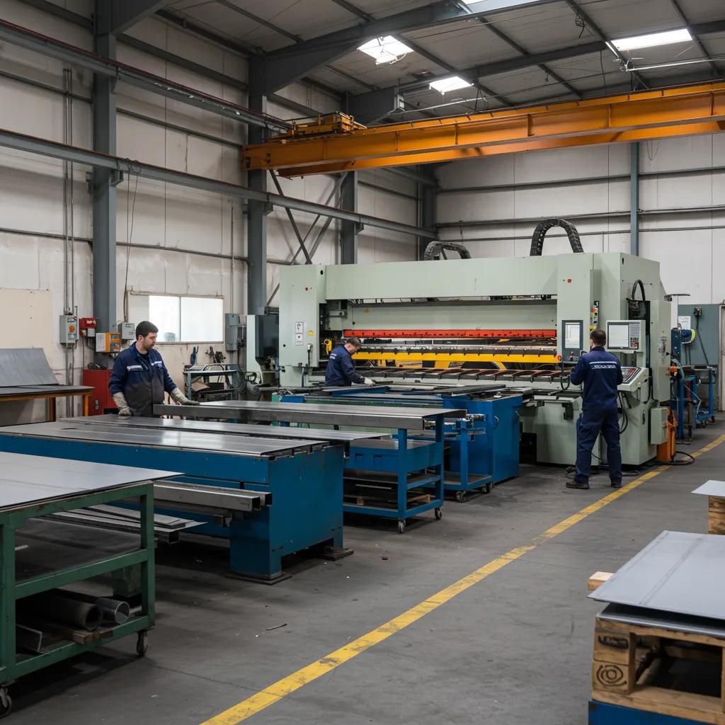 Modern sheet metal fabrication workshop with skilled technicians and advanced machinery