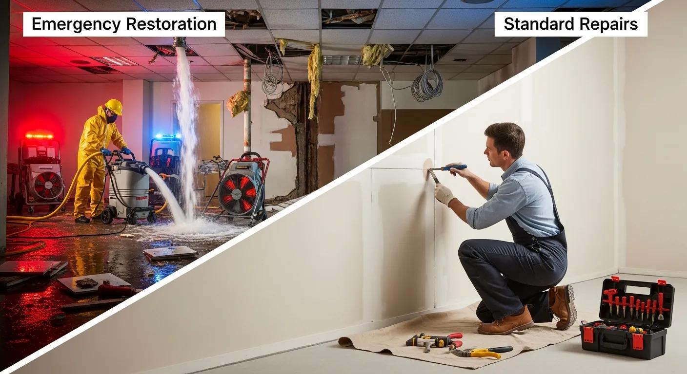 Side-by-side comparison of emergency restoration and standard repair services