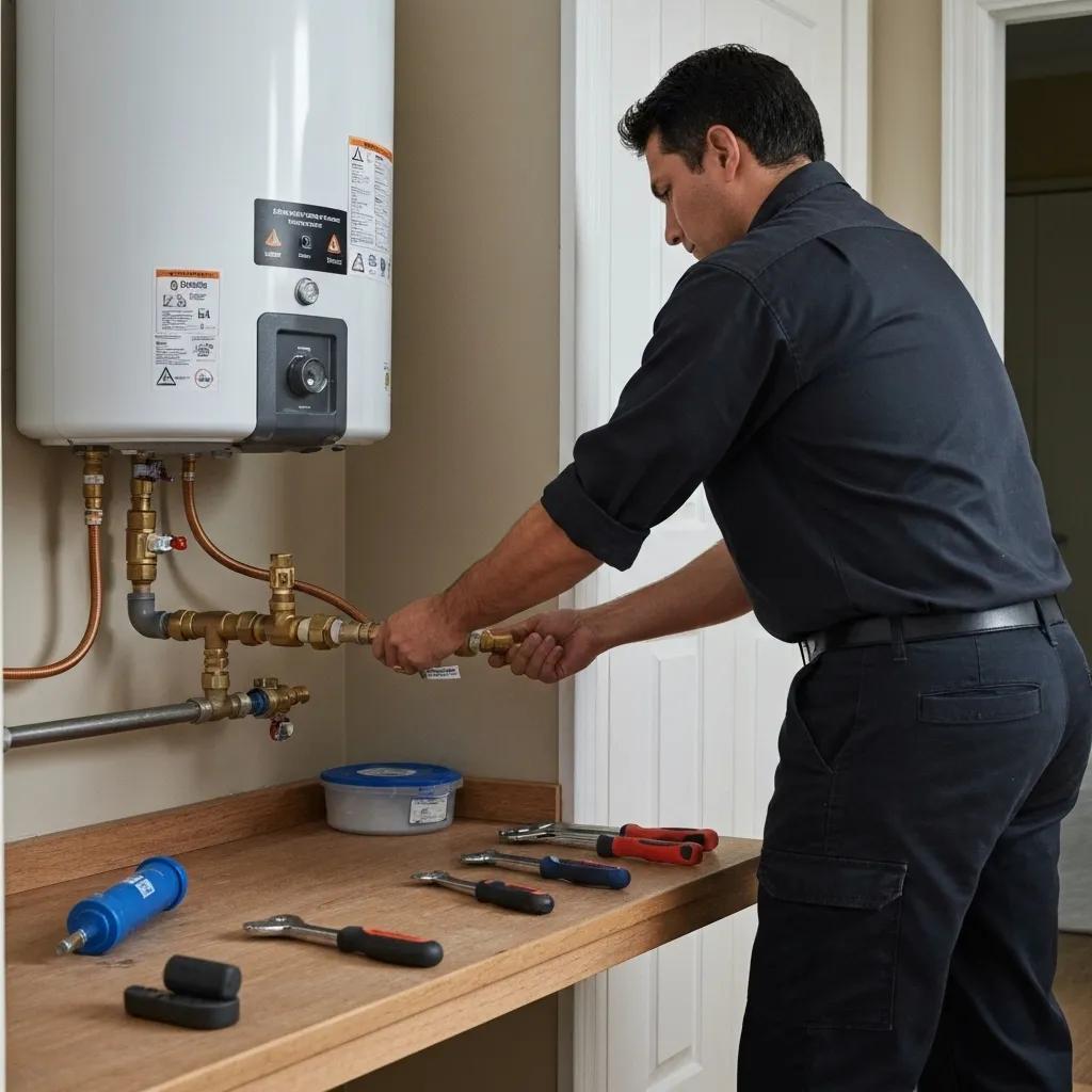 Plumber installing a gas hot water heater in a home, demonstrating plumbing expertise