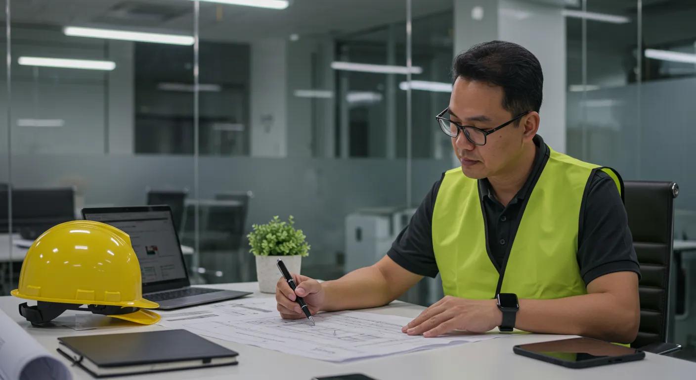 a modern office space features a professional engaged in a detailed consultation with a city planner, reviewing blueprints and permits on a sleek conference table illuminated by bright overhead lighting, emphasizing the importance of strategic planning in the local inspection process for a new build.