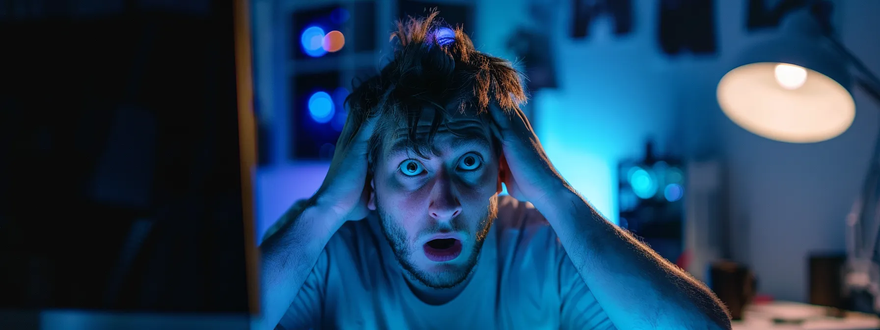 a person standing in front of a computer screen, looking shocked and distressed as they discover their personal content has been leaked online.