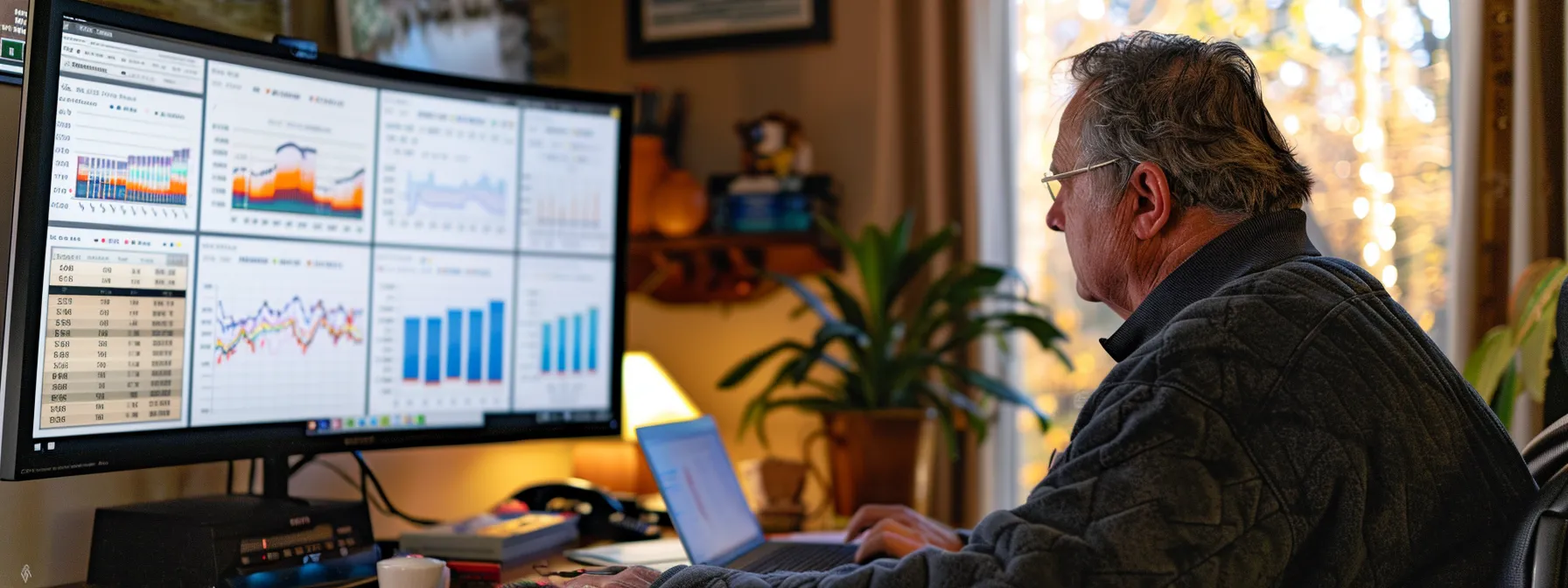 a homeowner in georgia comparing flood insurance policies offered by nfip and private insurers, looking at charts and data on a computer screen.