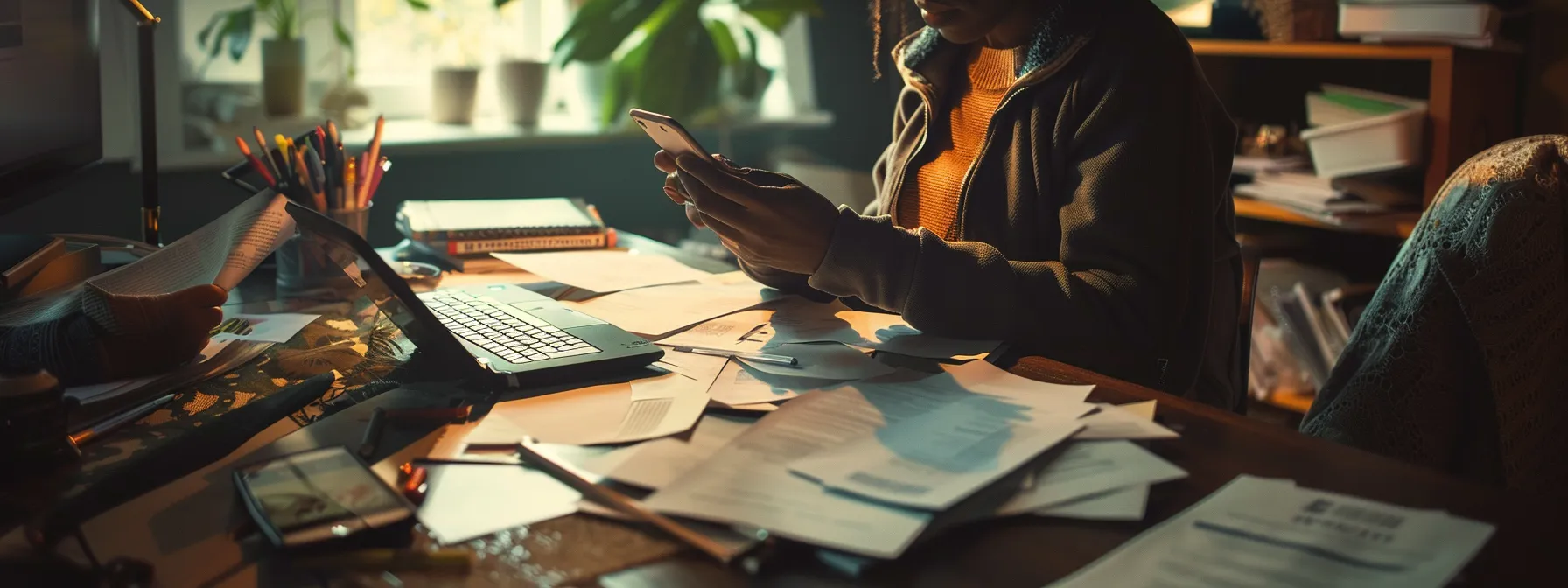 a person sitting at a desk with a phone in hand, surrounded by paperwork, ready to contact colonial penn's customer service for assistance.