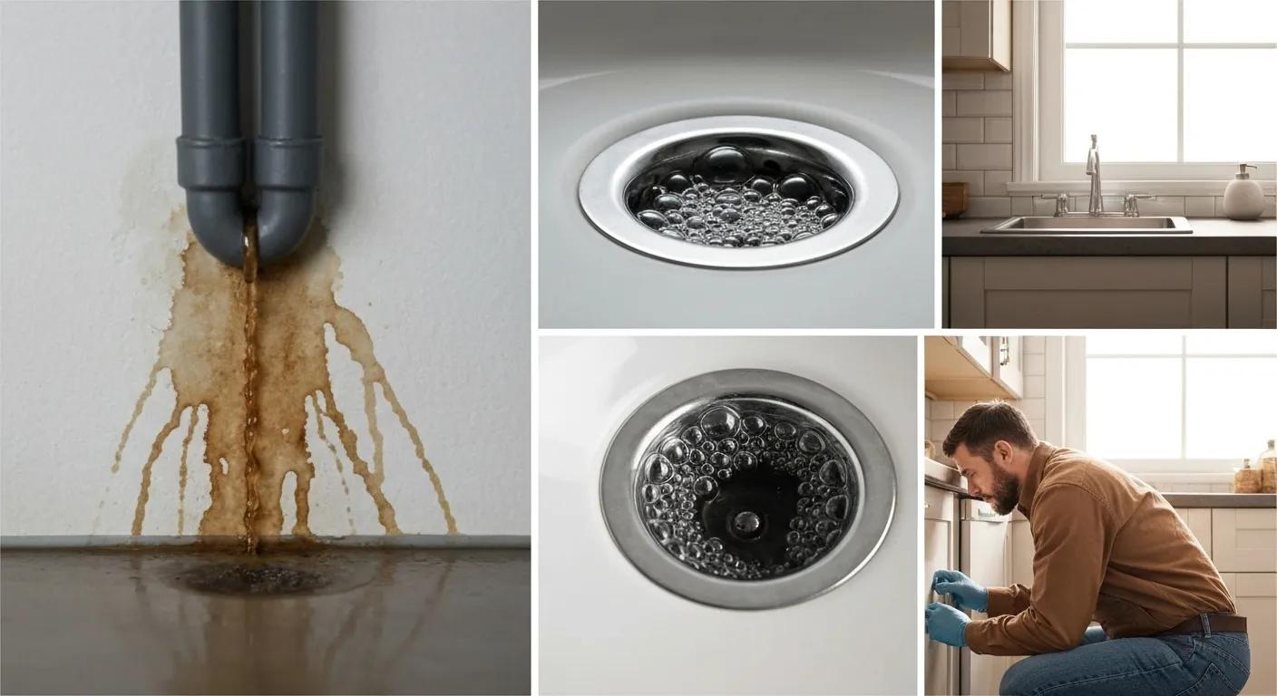 Signs of common plumbing emergencies including water stains, gurgling drains, and a plumber inspecting a leak Signs of common plumbing emergencies including water stains, gurgling drains, and a plumber inspecting a leak