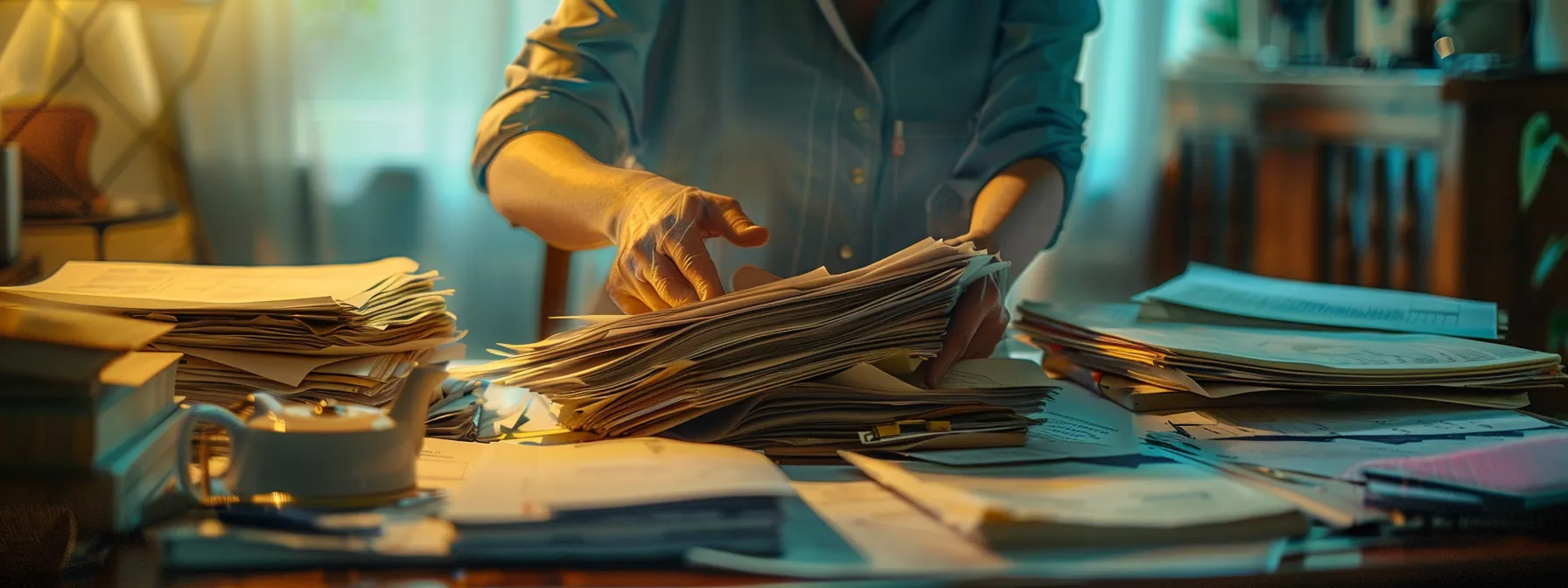 a person organizing a stack of important financial documents on a desk.