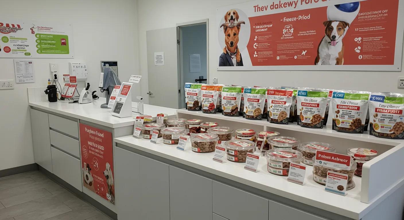 a modern veterinary clinic showcases a vibrant display of freeze-dried raw dog food, artistically arranged on sleek counters, highlighting its nutritional benefits with engaging infographics and clear packaging that emphasizes safety and convenience.