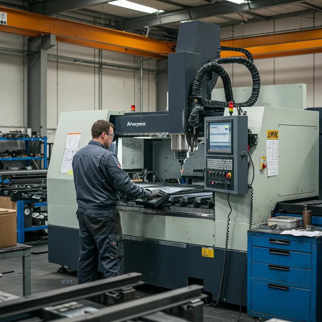 Skilled technician operating a CNC machine in a sheet metal fabrication facility