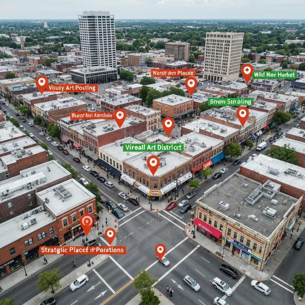 Bird's-eye view of a bustling city, highlighting prime spots for wild posting campaigns