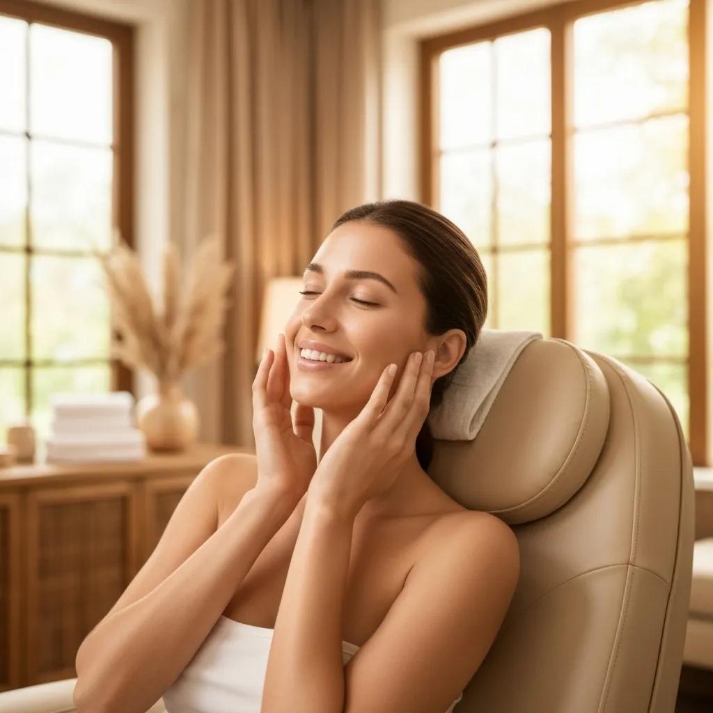 Satisfied client showcasing glowing skin after an organic facial treatment at NY Brow