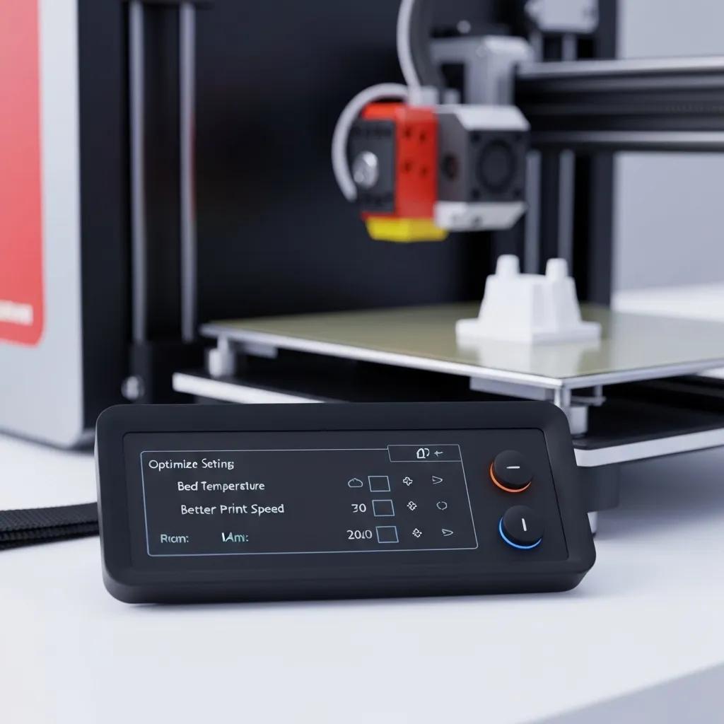 Közeli kép egy 3D nyomtató kezelőpaneljéről, amely az ágyhőmérséklet és a nyomtatási sebesség beállításait mutatja, amelyek fontosak az első réteg tapadásának javításához