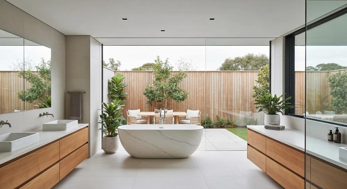 Stylish bathroom design with a Pietra Bianca freestanding bath, showcasing modern aesthetics and an indoor-outdoor flow