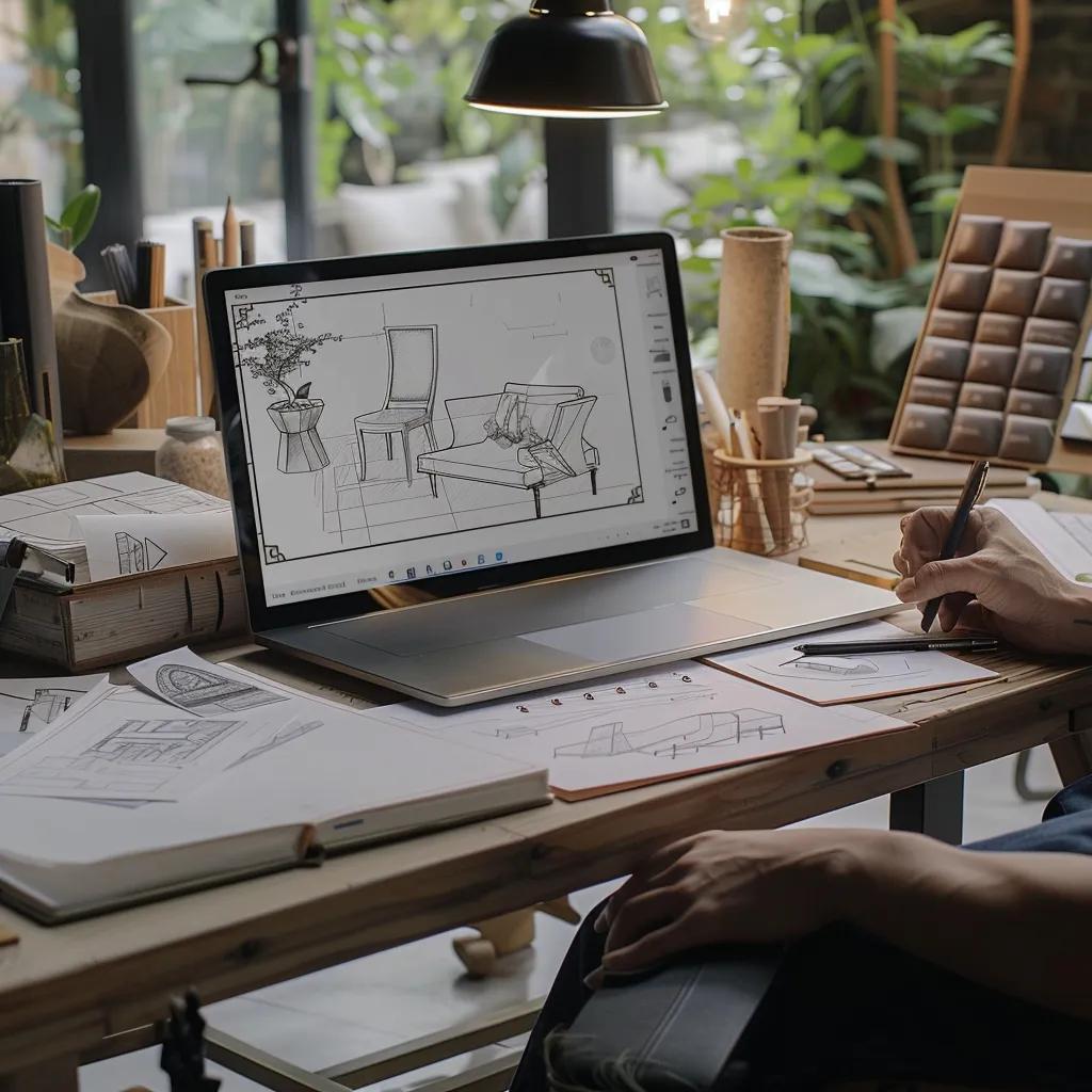 Client and designer collaborating on custom furniture design, surrounded by materials and design visuals