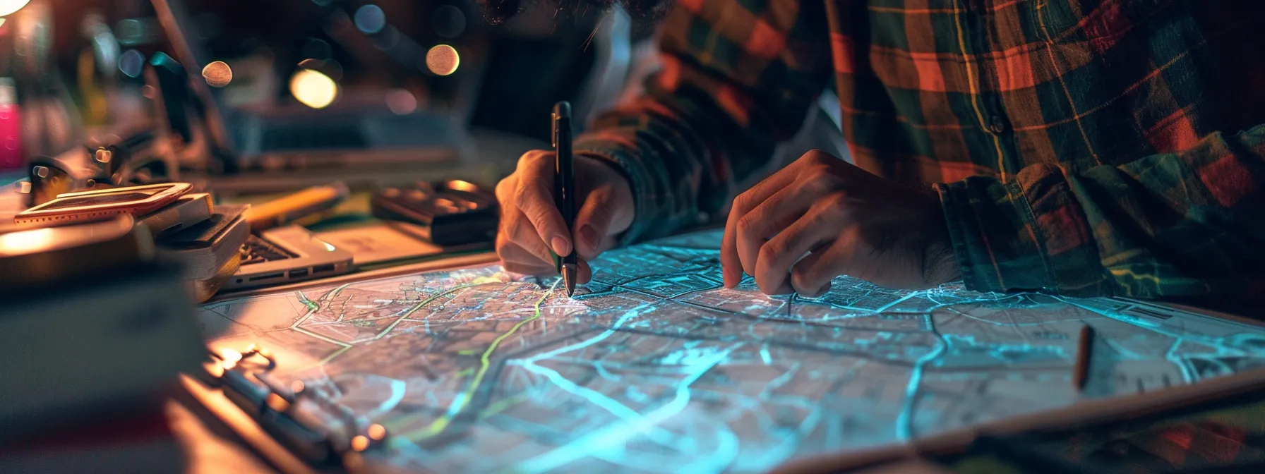 a person studying a detailed map of the local area, with multiple markings indicating popular search terms for keyword research.