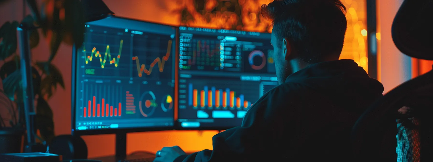 a person analyzing a computer screen filled with colorful graphs and charts, highlighting key performance indicators for seo success.