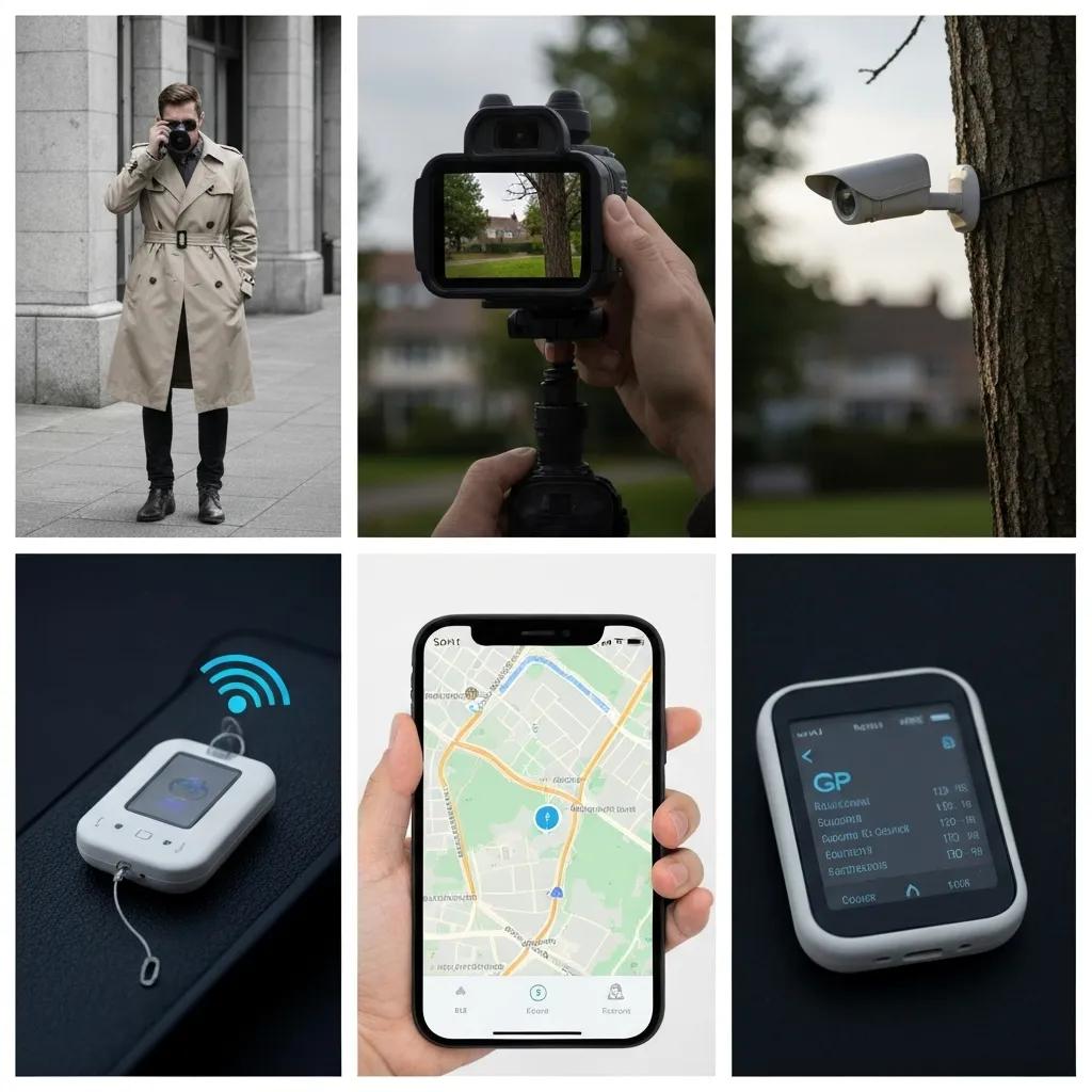 Collage of surveillance methods including covert observation and GPS tracking