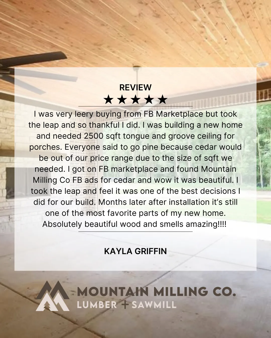 Customer review of Mountain Milling Company's eastern red cedar tongue & groove from a satisfied customer Eastern Red Cedar tongue and groove ceiling with a warm wood tone, showcasing a ceiling fan and natural light, highlighting the beauty and aroma of cedar wood.