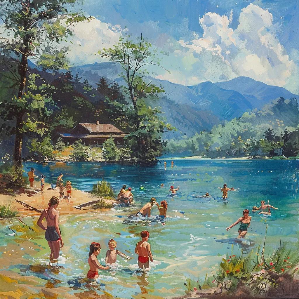 Family enjoying water activities at Lake Blue Ridge, with children swimming and mountains in the background Family enjoying water activities at Lake Blue Ridge, with children swimming and mountains in the background