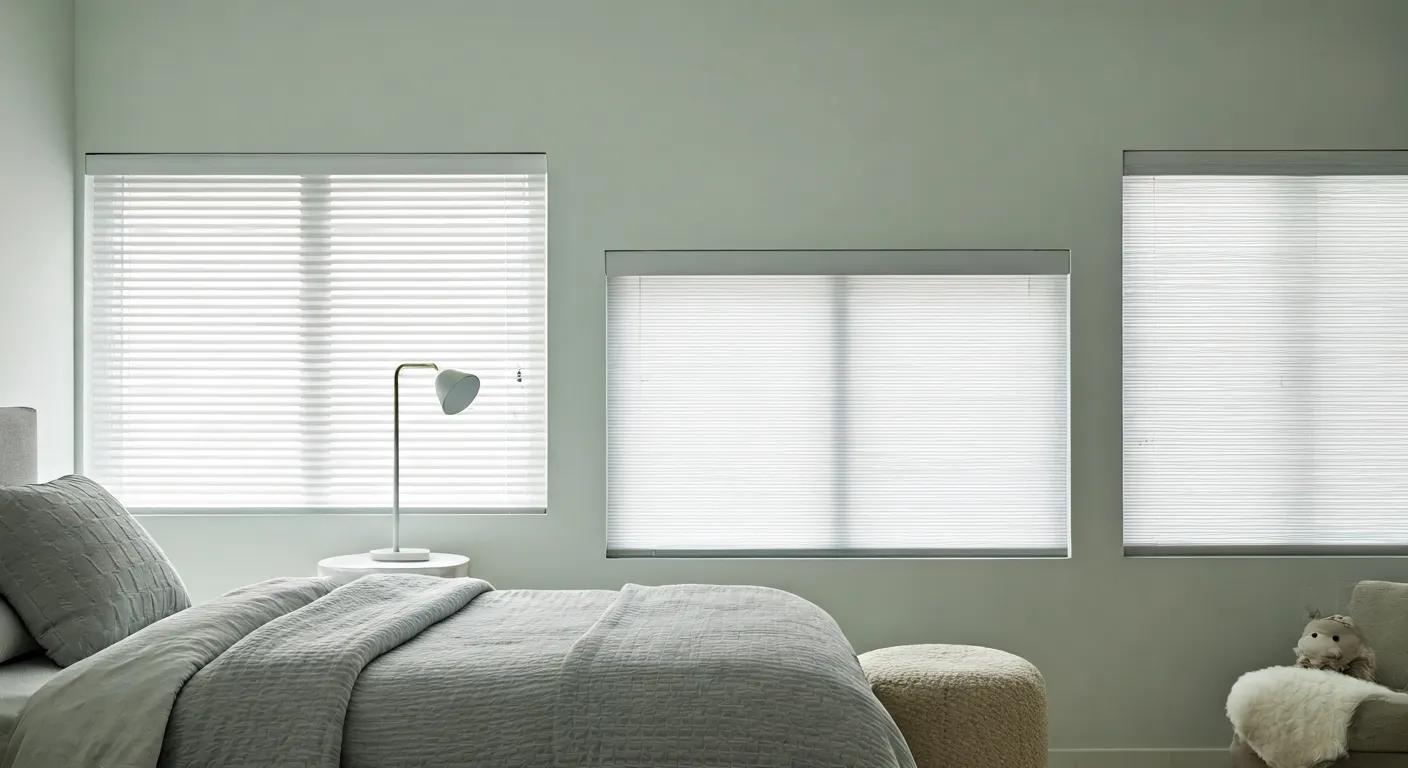 Cozy bedroom with blackout and cordless blinds ensuring privacy and child safety Cozy bedroom with blackout and cordless blinds ensuring privacy and child safety